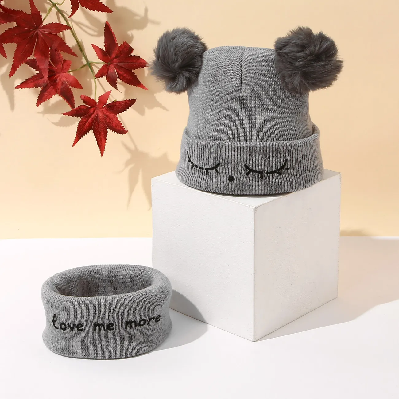 2-pack Baby / Toddler Double Pompon Letter Print Knit Beanie Hat and Scarf Set Grey big image 1