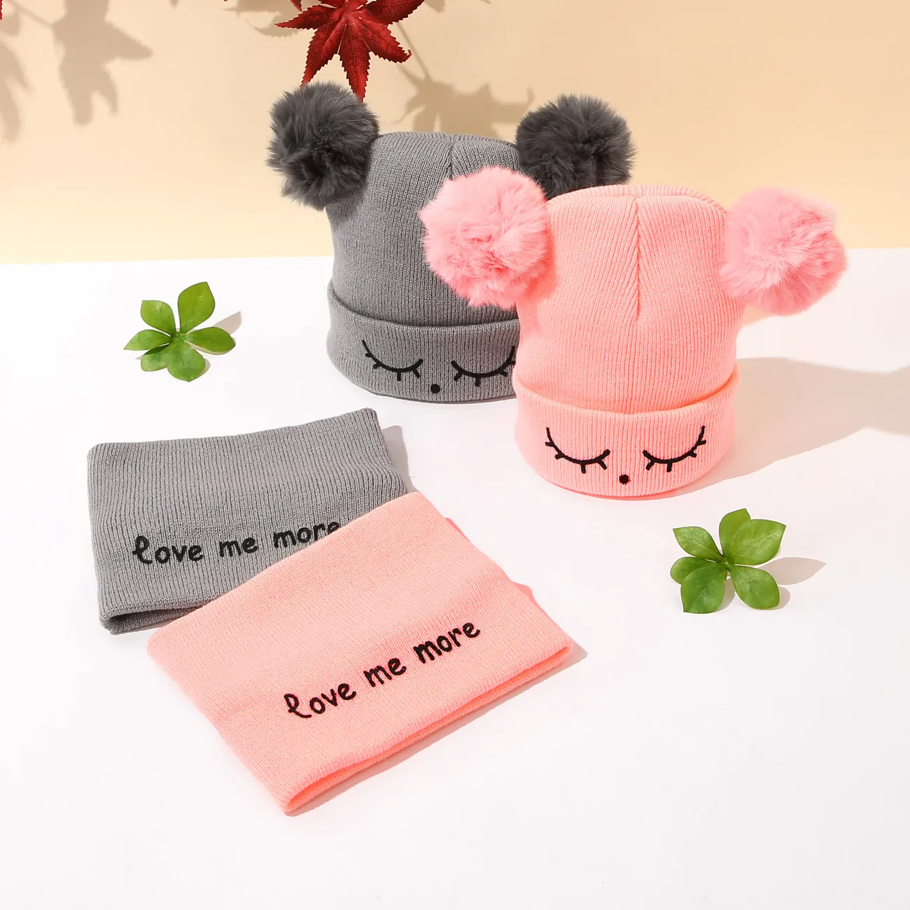 Set da 2 berretti e sciarpa in maglia con doppio pompon per neonato/bambino Grigio big image 1