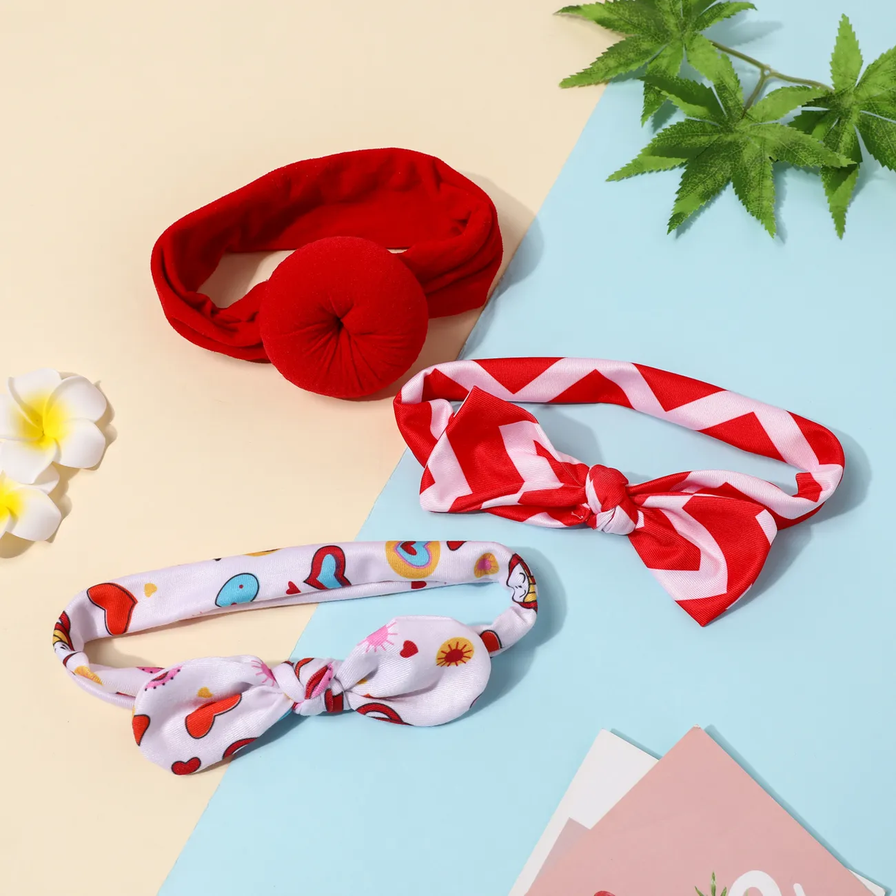 3-pack Bunny Ears Bow Stuffing Round Ball Headband Sets for Girls Red big image 1