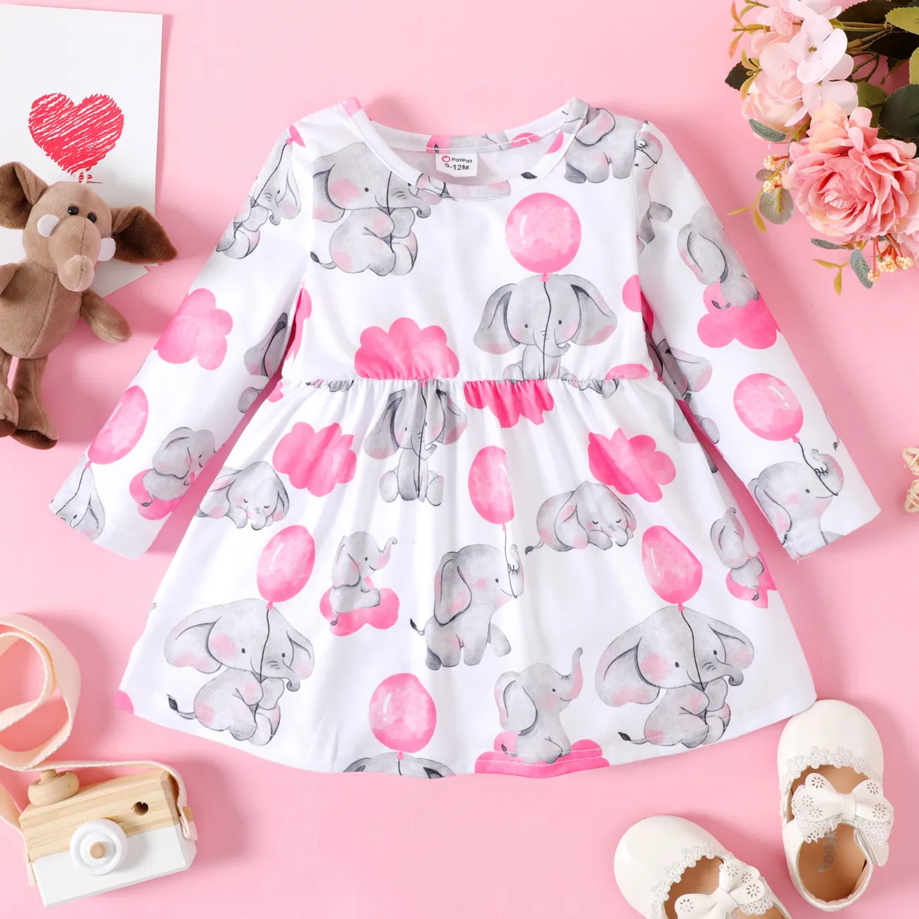 Baby Girl All Over Cartoon Elephant and Pink Balloon Print Long-sleeve Dress Color block big image 1