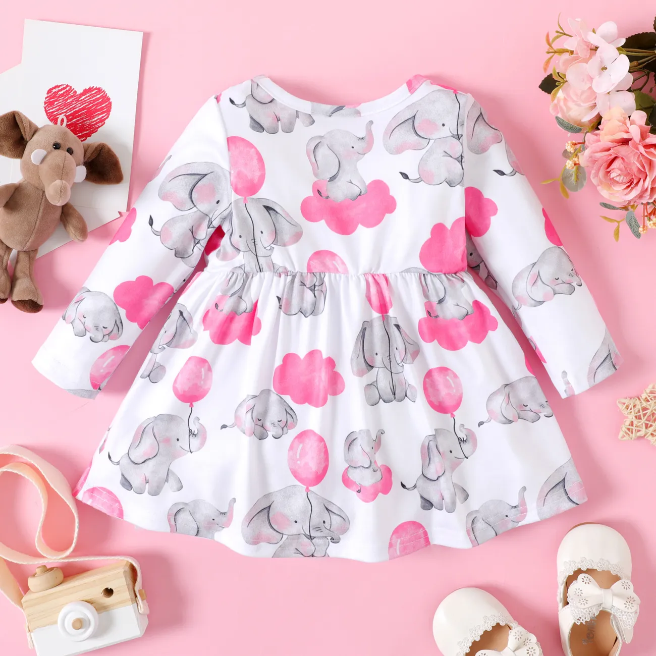 Baby Girl All Over Cartoon Elephant and Pink Balloon Print Long-sleeve Dress Color block big image 1