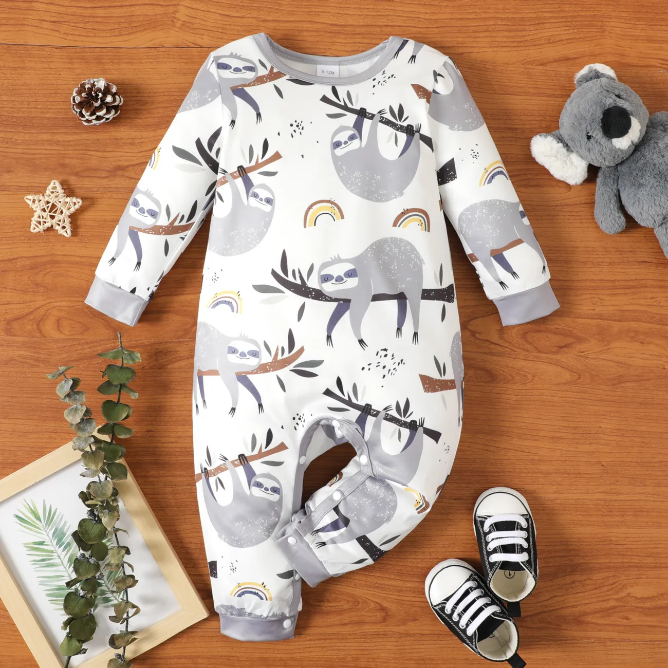Baby Boy All Over Cartoon Sloth Print White Long-sleeve Jumpsuit White big image 1