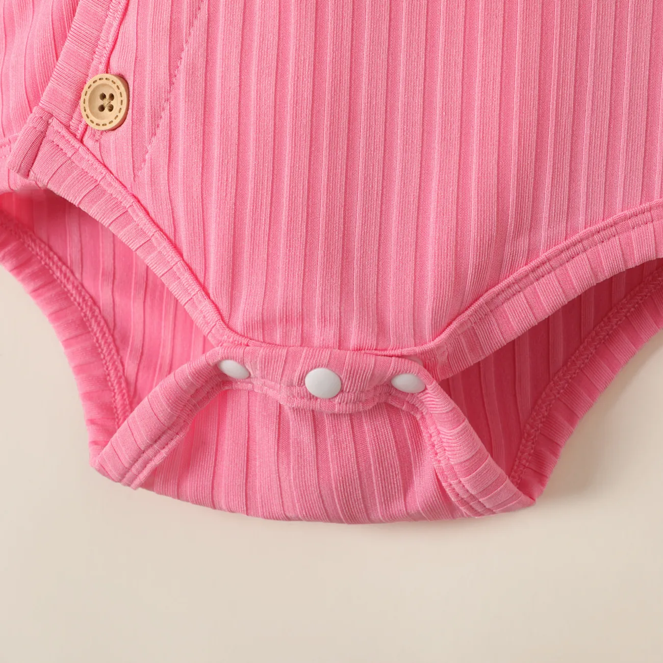 Baby Girl Solid Ribbed V Neck Long-sleeve Romper Pink big image 1