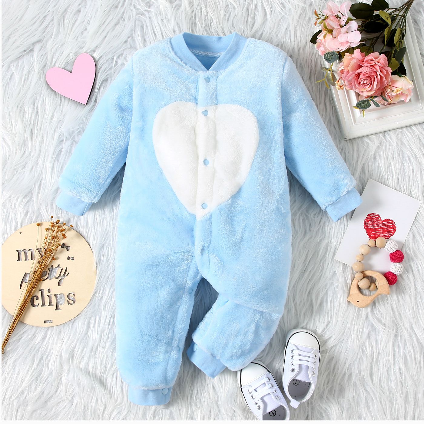 

Heart Print Fluffy Long-sleeve White or Yellow or Purple or Blue Baby Jumpsuit