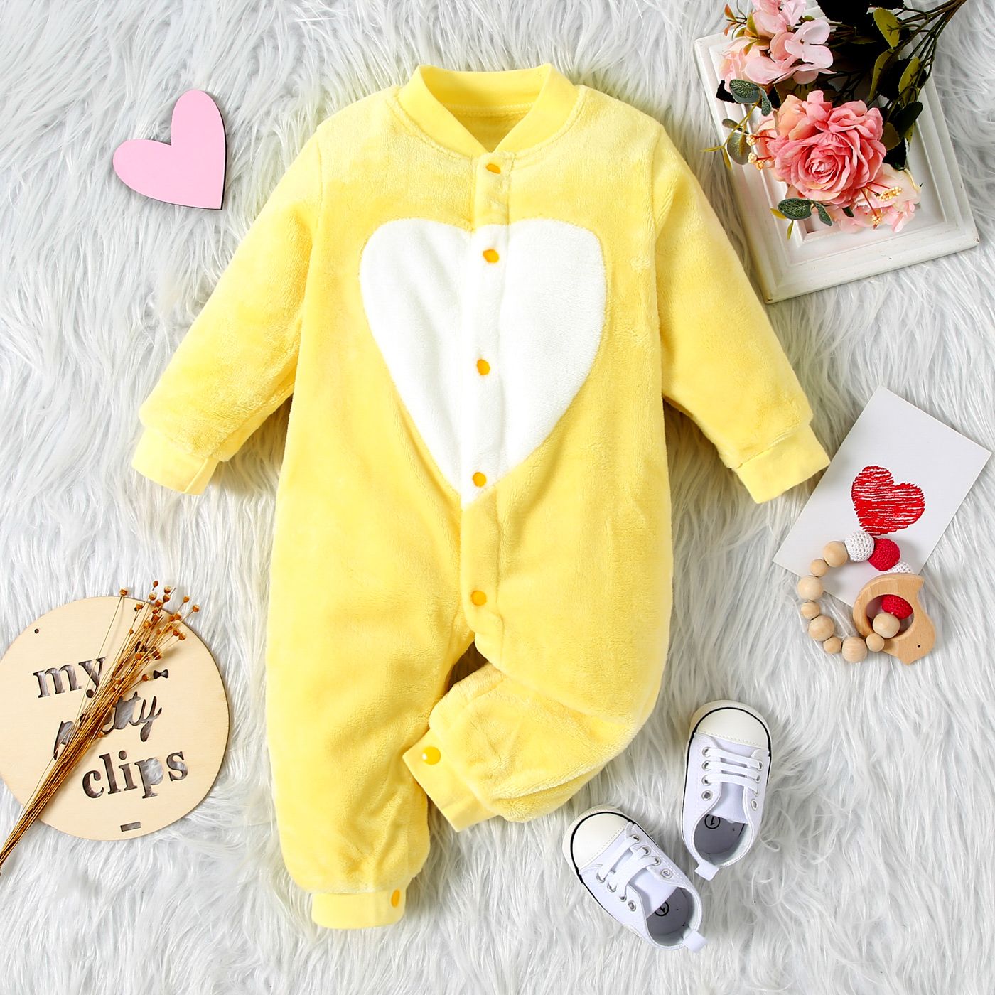 

Heart Print Fluffy Long-sleeve White or Yellow or Purple or Blue Baby Jumpsuit