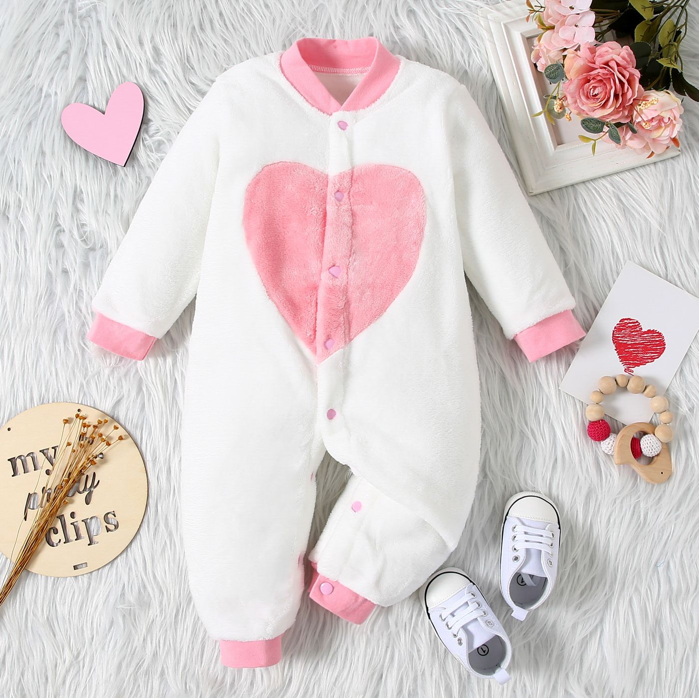 

Heart Print Fluffy Long-sleeve White or Yellow or Purple or Blue Baby Jumpsuit