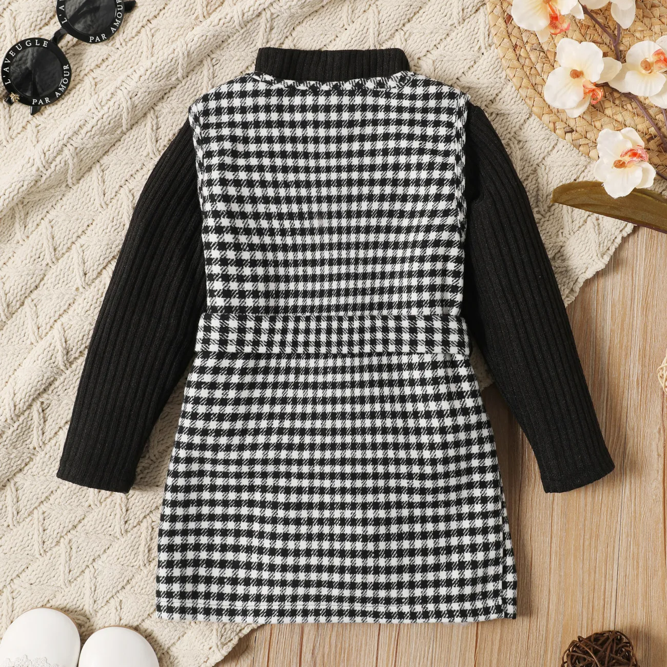 2-piece Toddler Girl Turtleneck Long-sleeve Ribbed Black Sweater and Belted Plaid Tweed Overall Dress Set Black/White big image 1