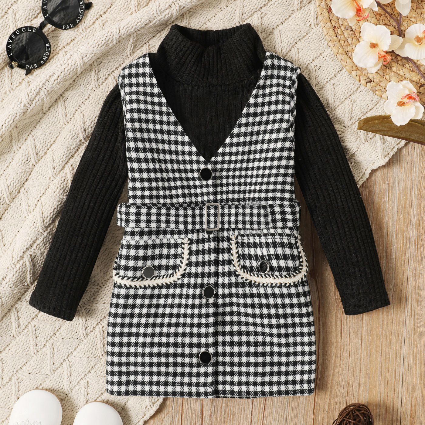 2-piece Toddler Girl Turtleneck Long-sleeve Ribbed Black Sweater and Belted Plaid Tweed Overall Dres