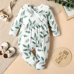 嬰兒 女 鈕扣 棕櫚葉 休閒 長袖 長腿連身衣 綠/白