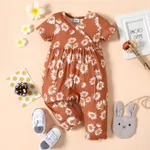 Baby Girl All Over Floral Print V Neck Short-sleeve Snap-up Jumpsuit Brown