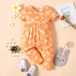 Baby Girl All Over Floral Print V Neck Short-sleeve Snap-up Jumpsuit LightYellow