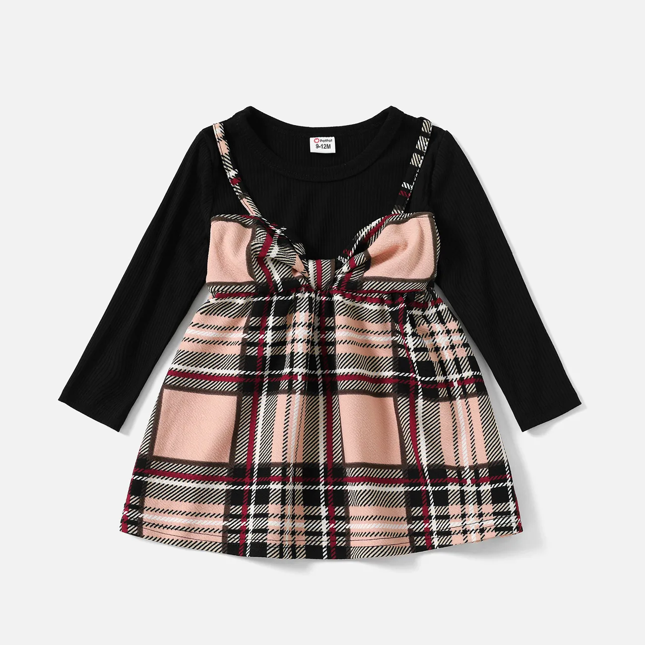Family Matching Black Long-sleeve Splicing Plaid Dresses and Polo Shirts Sets big image 1