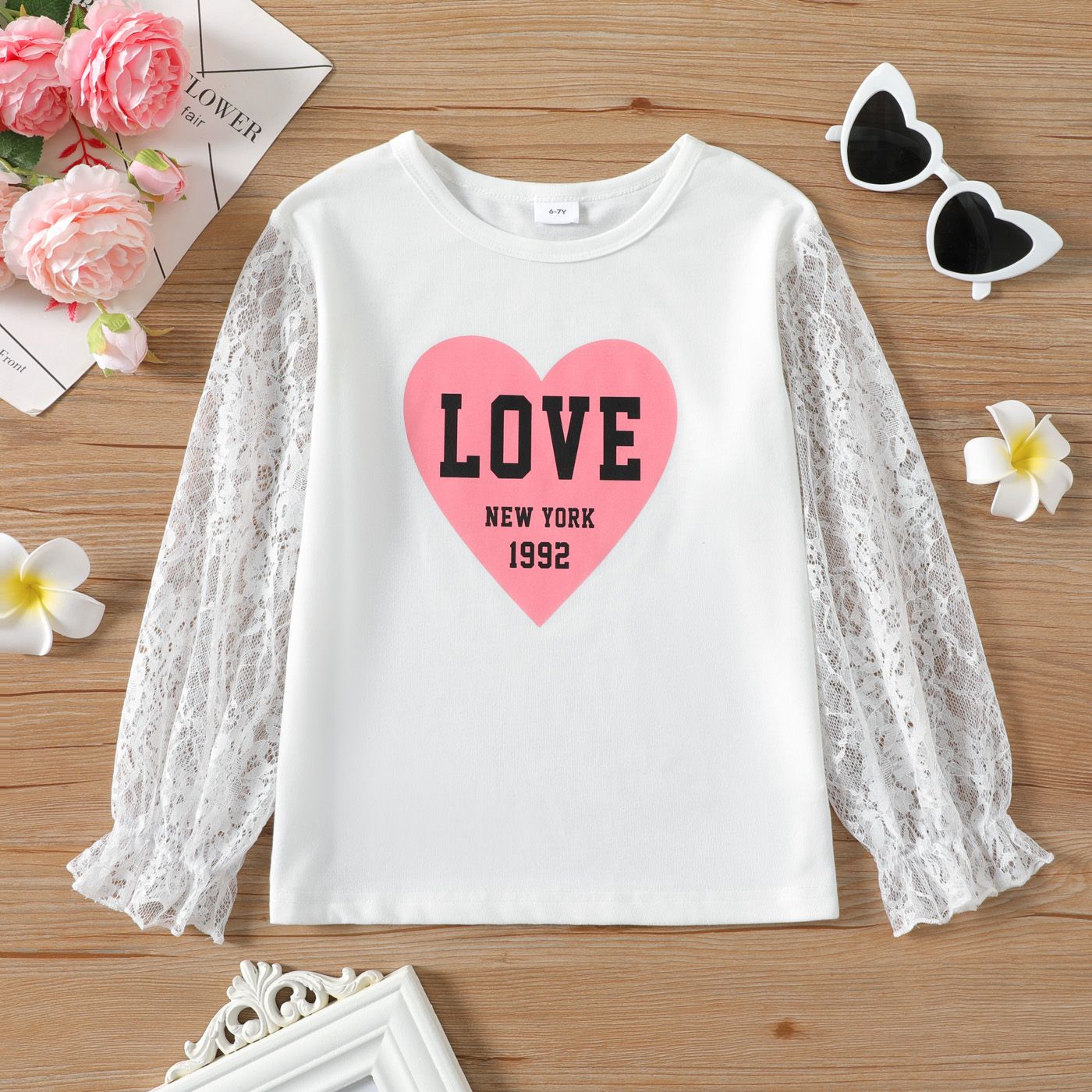 

Kid Girl Letter Number Heart Print Lace Design Long-sleeve Tee