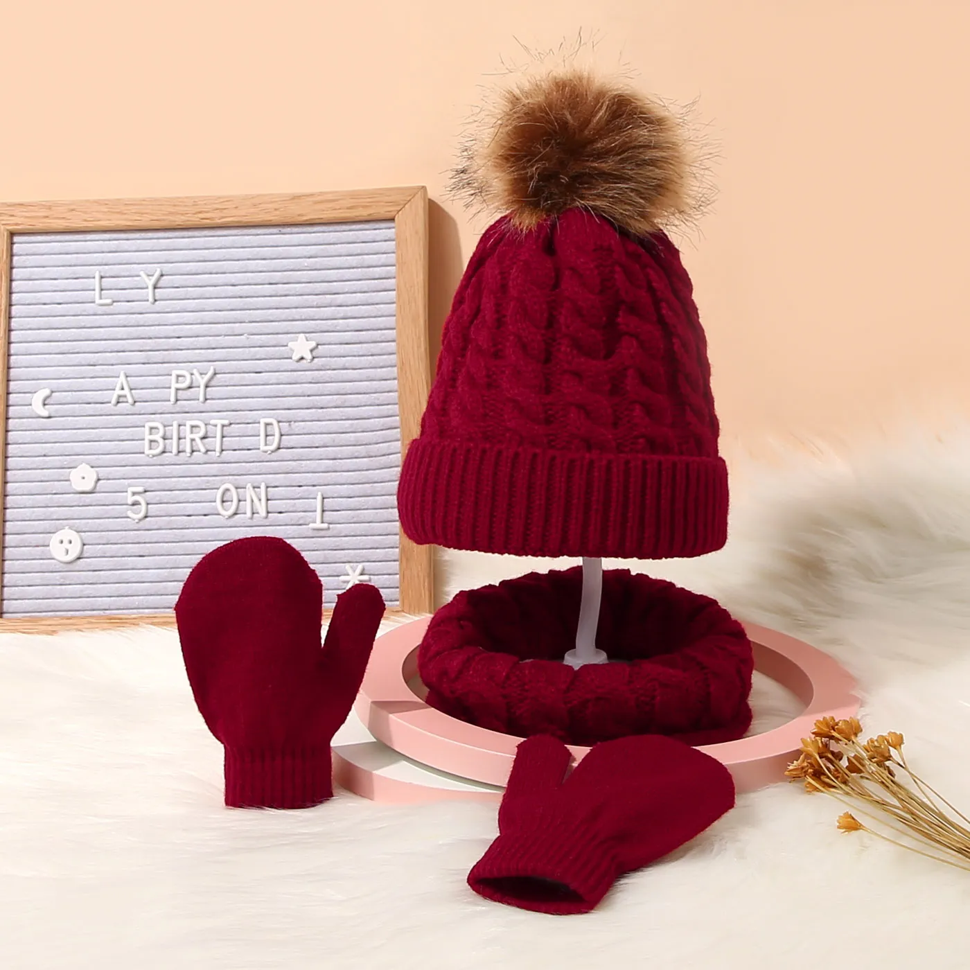 3-pack Baby / Toddler Pompon Decor Pure Color Cable Knit Beanie Hat and Scarf and Mittens Set Red