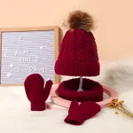 3 件裝嬰兒 / 蹣跚學步的絨球裝飾純色絞花針織帽、圍巾和連指手套套裝 紅色