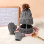 3-pack Baby / Toddler Pompon Decor Pure Color Cable Knit Beanie Hat and Scarf and Mittens Set Grey