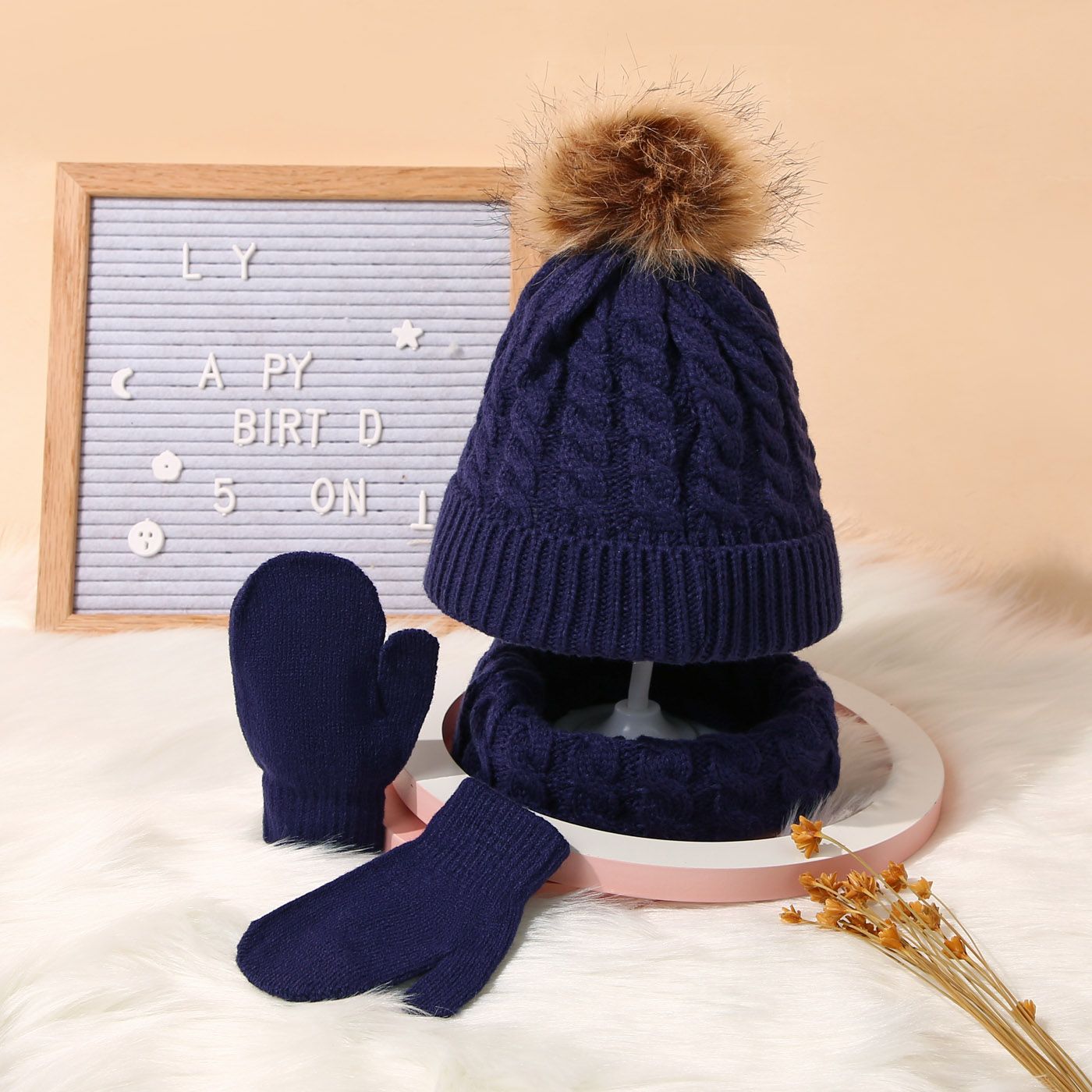 3-pack Baby / Toddler Pompon Decor Pure Color Cable Knit Beanie Hat And Scarf And Mittens Set