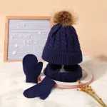 3-pack Baby / Toddler Pompon Decor Pure Color Cable Knit Beanie Hat and Scarf and Mittens Set Dark Blue