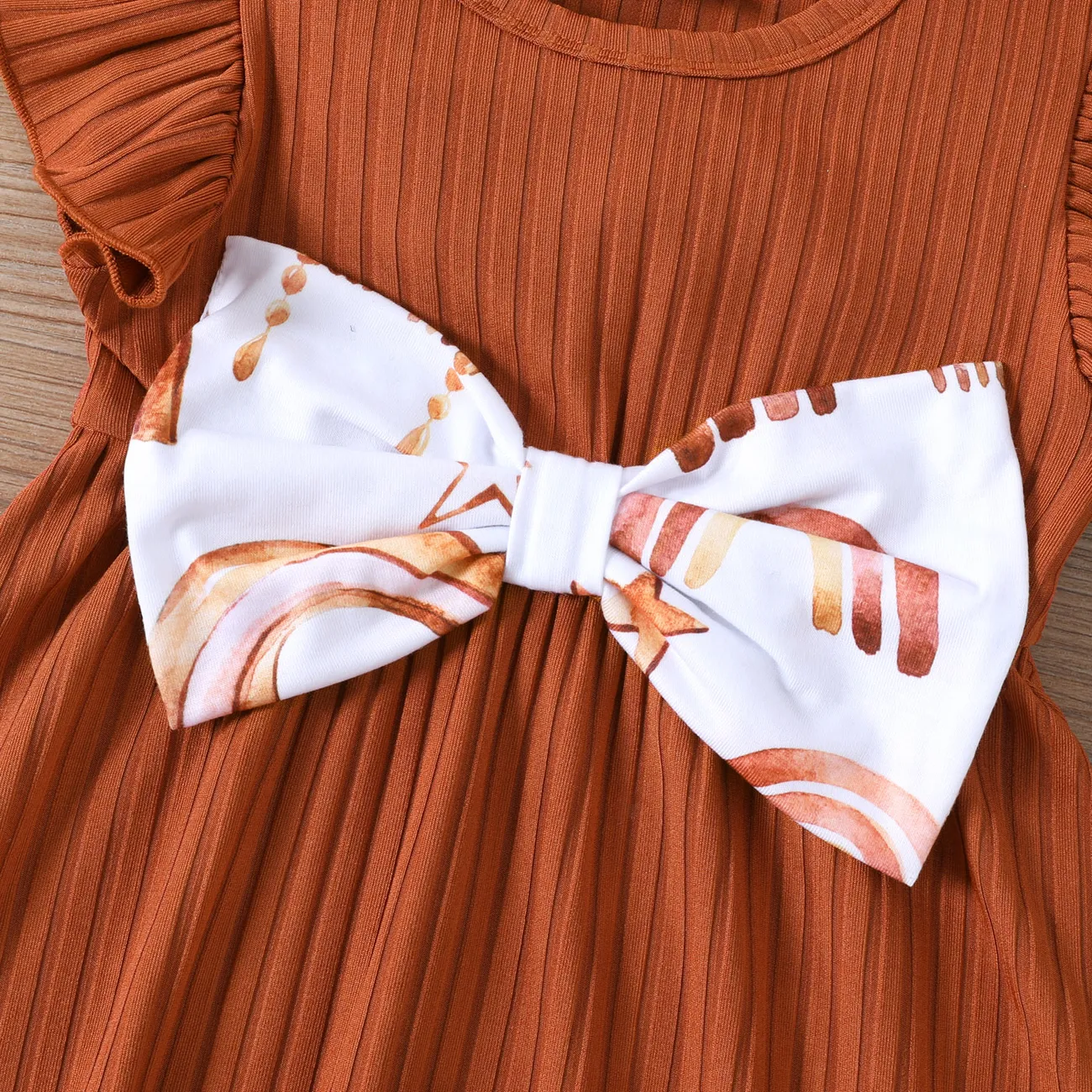 Baby Girl Rainbow&Star Print Ruffled Flutter-Sleeve Dress Brown big image 1