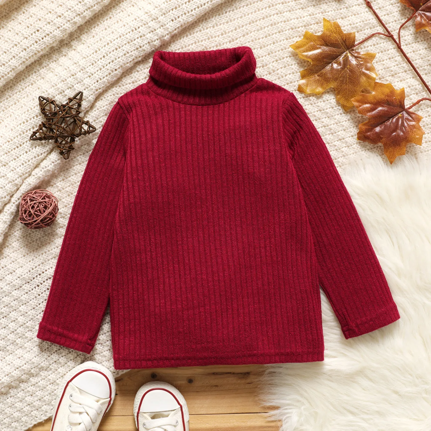 Toddler Girl Turtleneck Ribbed Solid Color Long-sleeve Tee for Spring and Autumn Burgundy