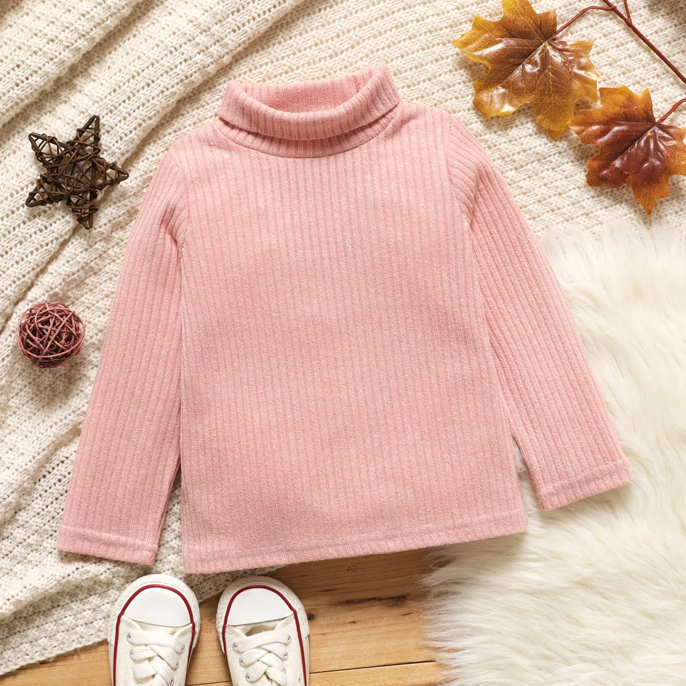 Toddler Girl Turtleneck Ribbed Solid Color Long-sleeve Tee for Spring and Autumn Pink