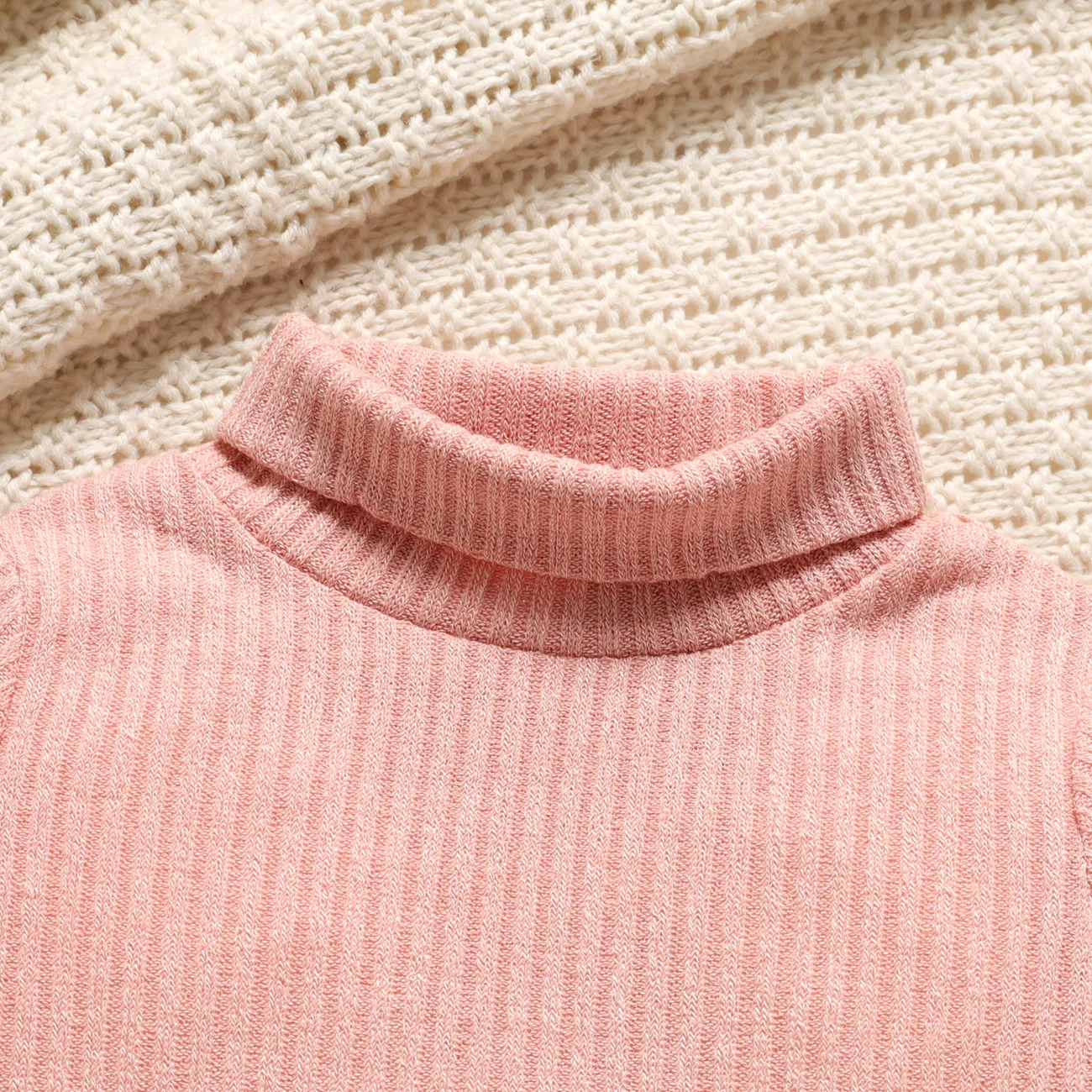 Toddler Girl Turtleneck Ribbed Solid Color Long-sleeve Tee for Spring and Autumn Pink big image 1