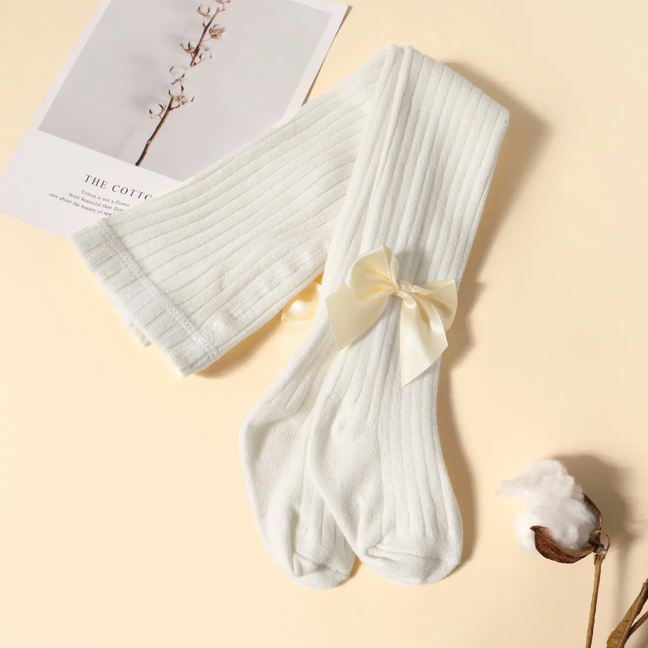 嬰兒/幼兒/兒童純色蝴蝶結絲襪（各種顏色） 白色 big image 1