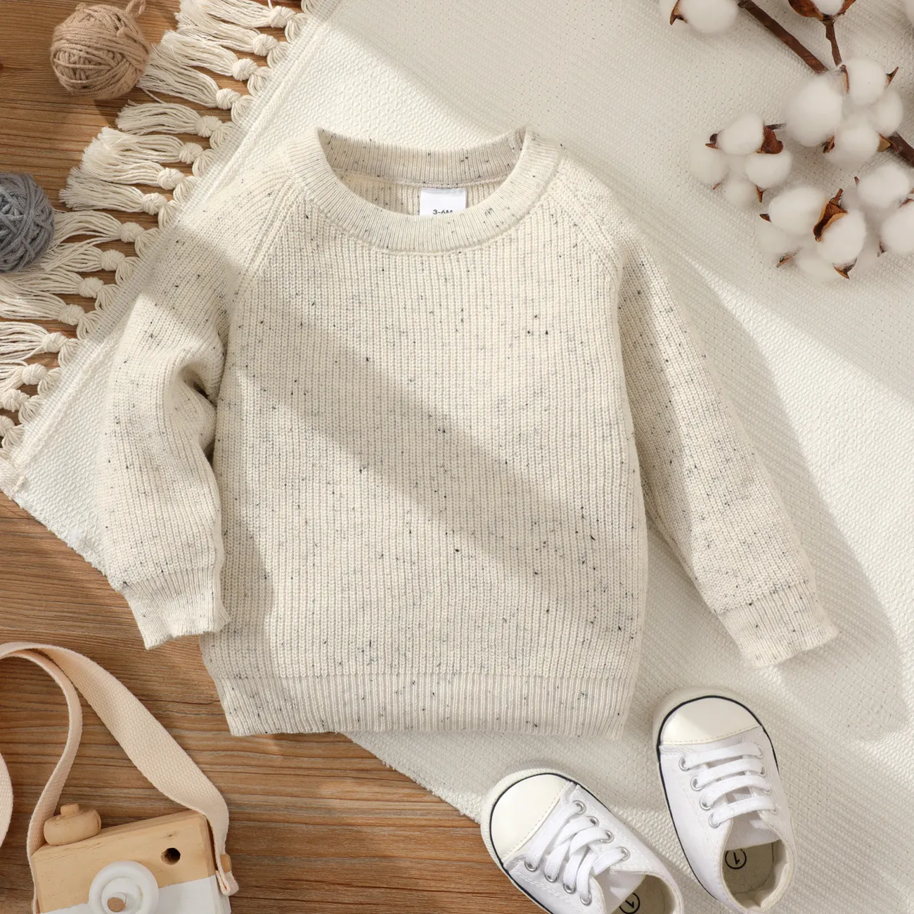 Baby Girl Solid Round Neck Long-sleeve Knitted Pullover Sweater Beige big image 1