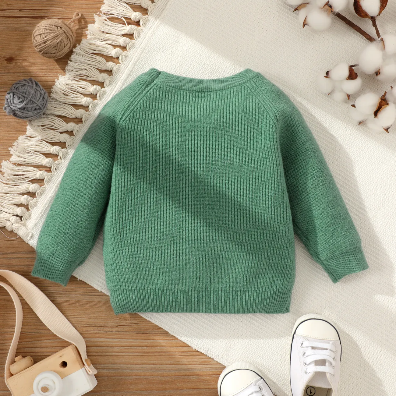 Baby Girl Solid Round Neck Long-sleeve Knitted Pullover Sweater Mint Green big image 1