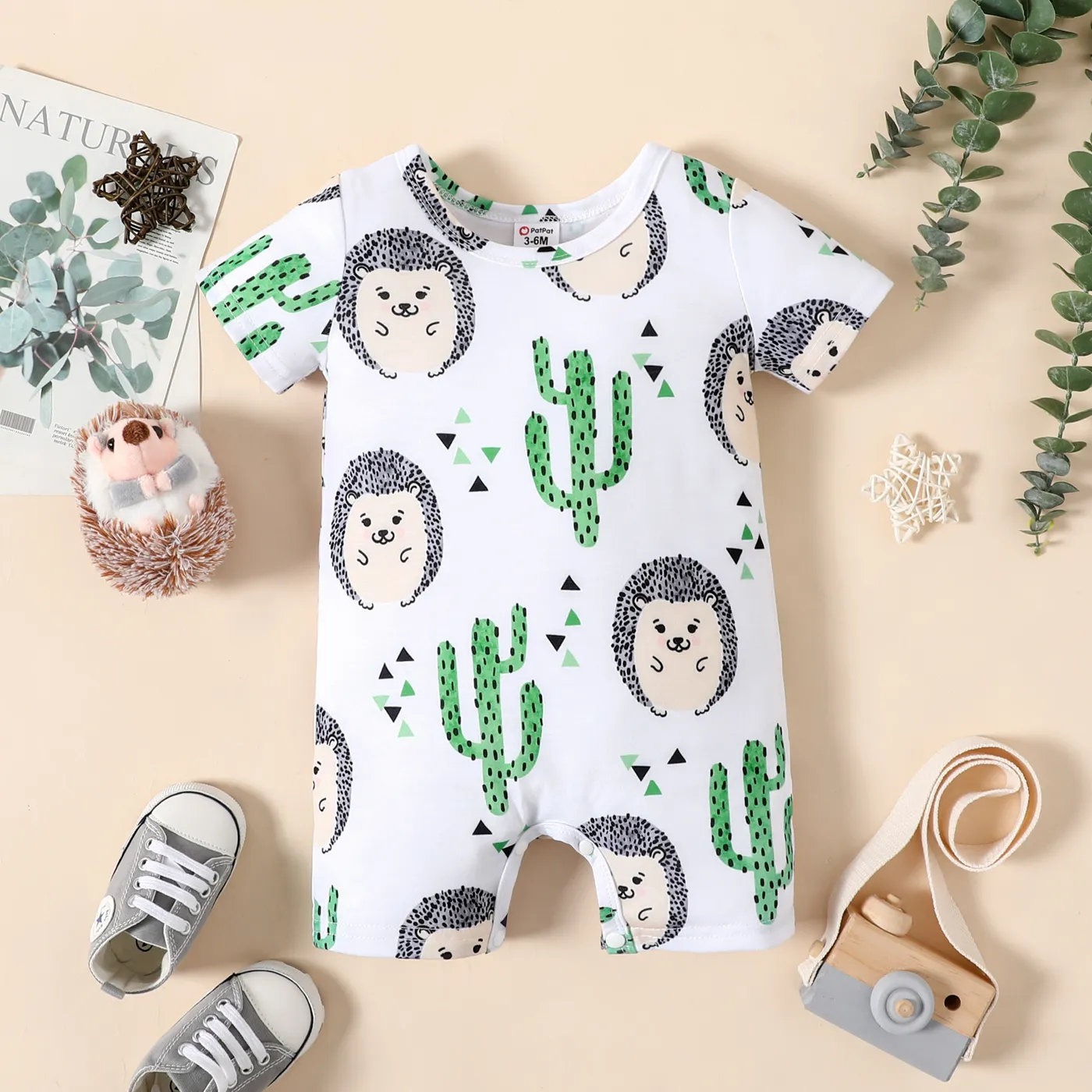 

Baby Boy/Girl All Over Hedgehog and Cactus Print Short-sleeve Romper