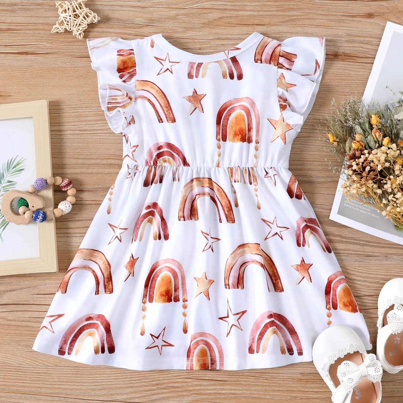 Baby Girl Rainbow&Star Print Ruffled Flutter-Sleeve Dress Color block big image 1
