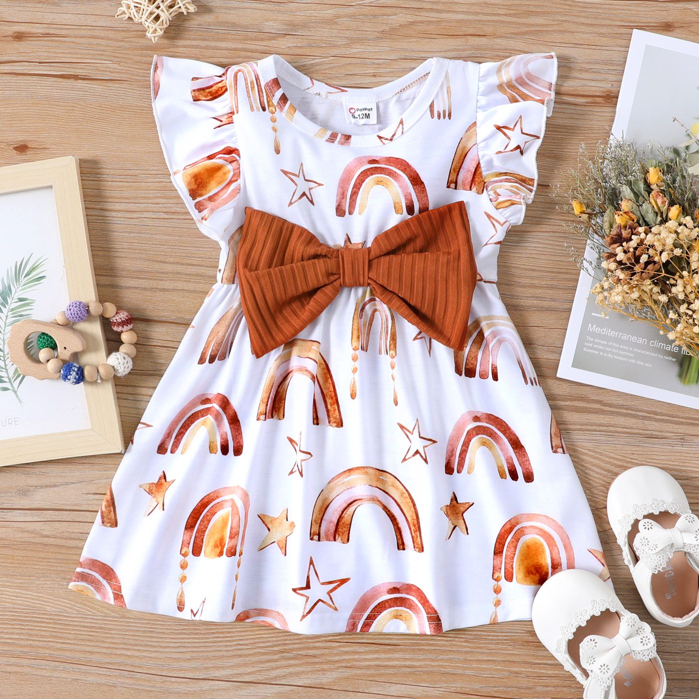 Baby Girl Ribbed Brown/White Rainbow and Star Print Ruffled Flutter Sleeve Bowknot Dress