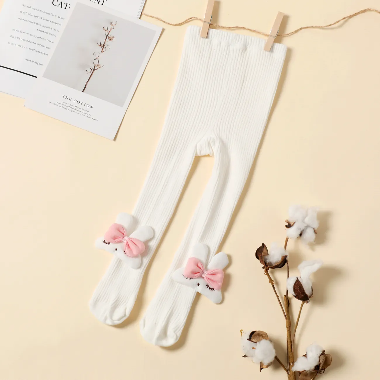 meia-calça de cor sólida com decoração de coelho de desenho animado / bebê / criança / criança Branco big image 1