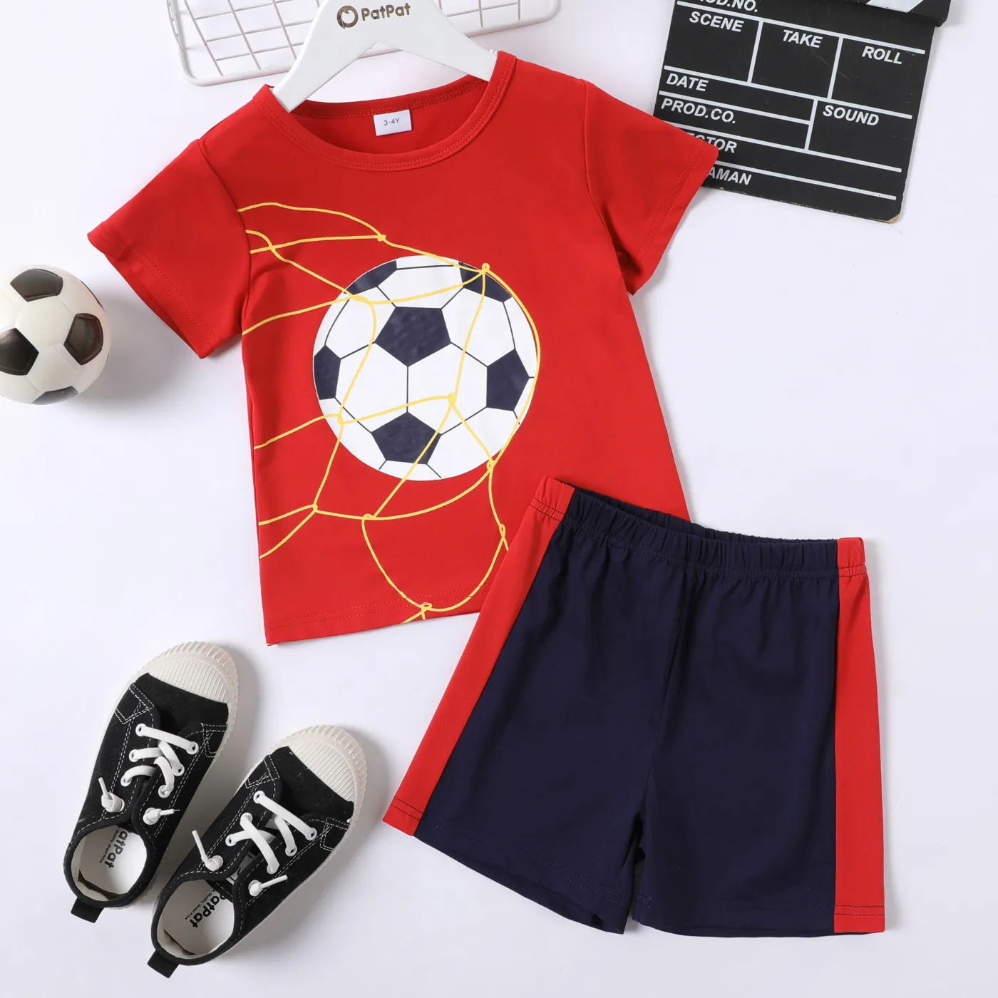 2-piece Kid Boy Basketball/Football Print Short-sleeve Tee and Elasticized Shorts Set Red