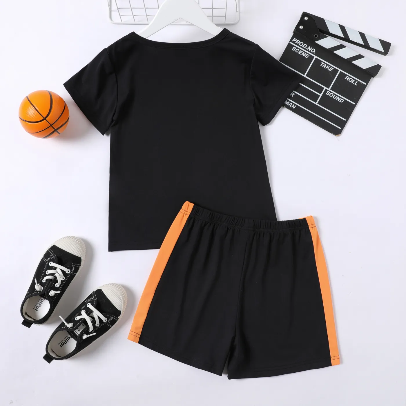2-piece Kid Boy Basketball/Football Print Short-sleeve Tee and Elasticized Shorts Set Black image 2