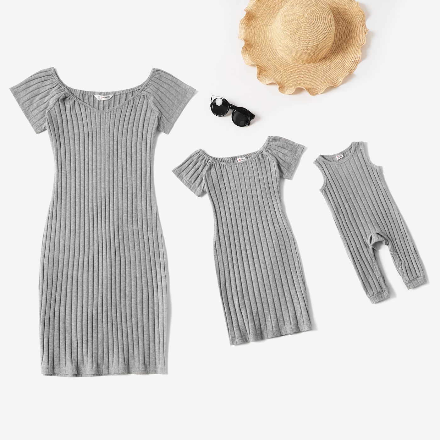 Grey Ribbed Short-sleeve Bodycon Dress for Mom and Me