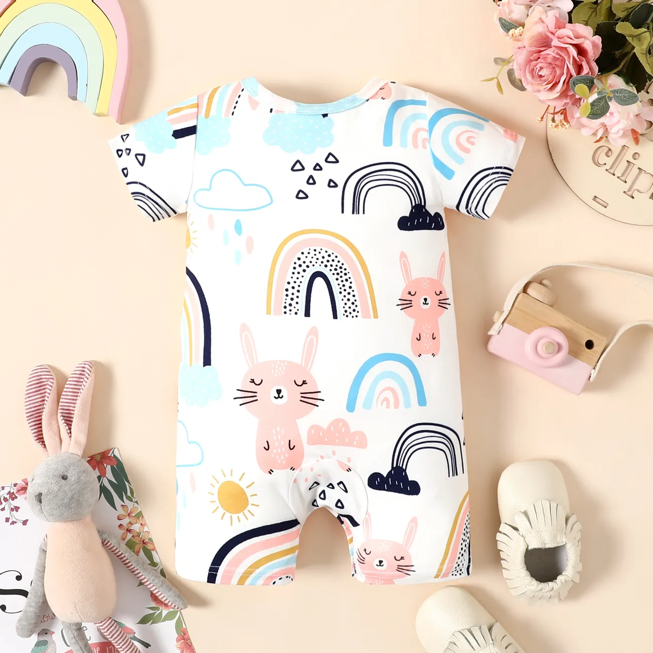 Baby Girl Rabbit Print Short-sleeve Romper Color block big image 1