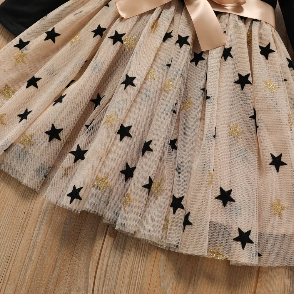 Toddler Girl Stars Glitter Design Mesh Splice Belted Long-sleeve Dress big image 4