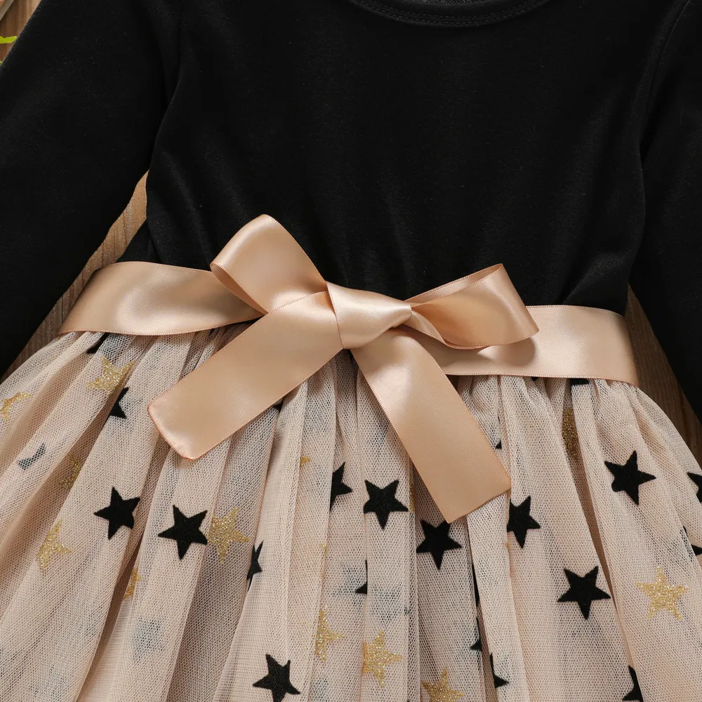 Toddler Girl Stars Glitter Design Mesh Splice Belted Long-sleeve Dress big image 5