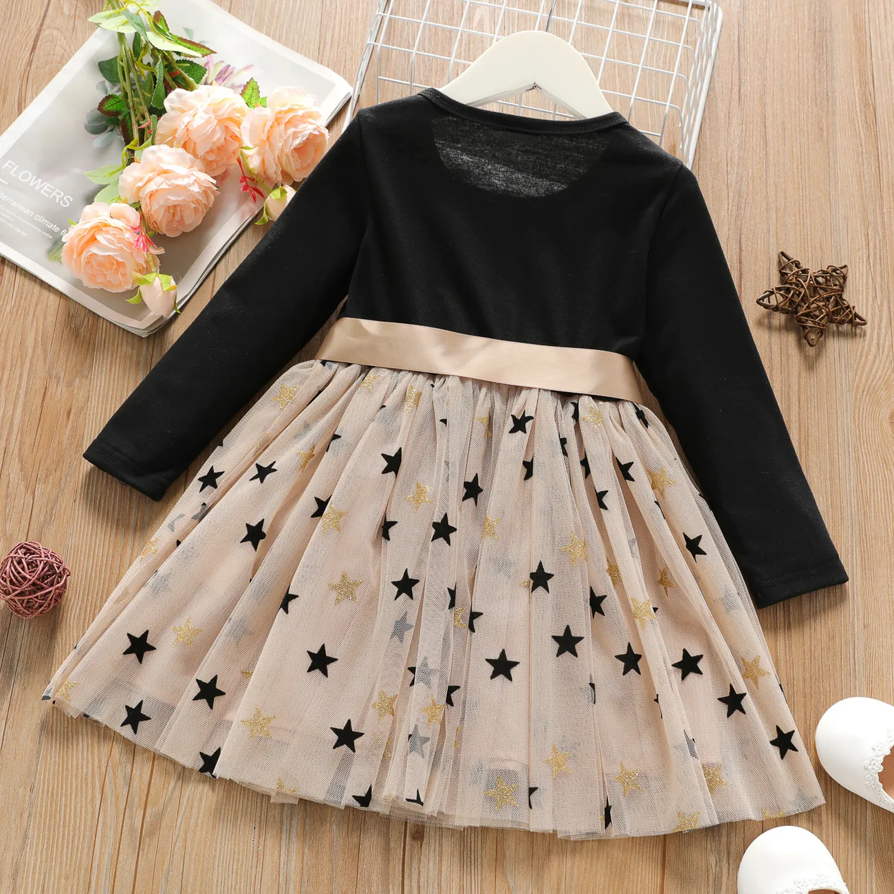 Toddler Girl Stars Glitter Design Mesh Splice Belted Long-sleeve Dress Black big image 1