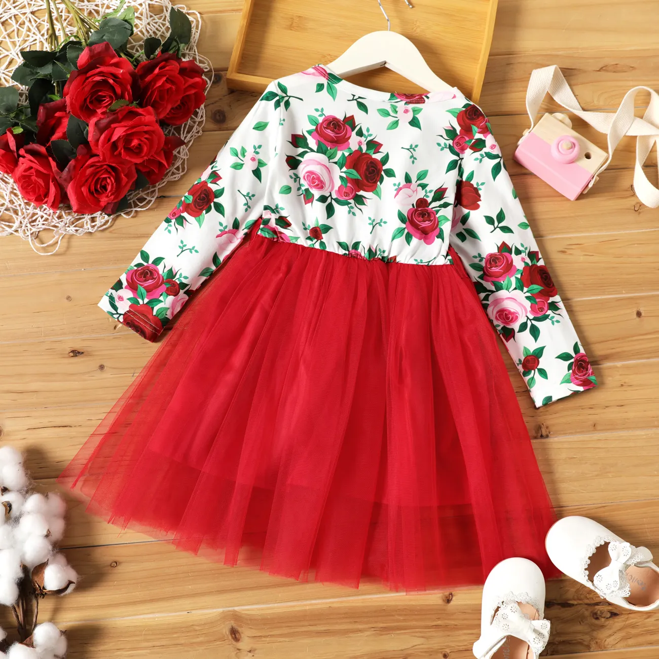 Toddler Girl Floral Print Bowknot Design Mesh Splice Long-sleeve Dress REDWHITE big image 1