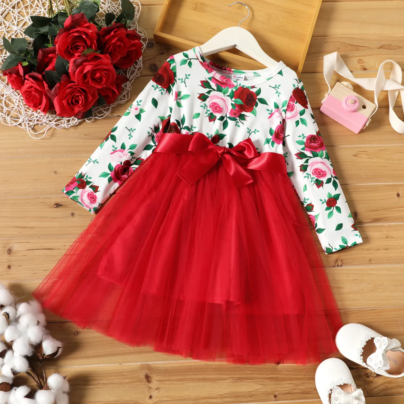 فتاة صغيرة الأزهار طباعة bowknot تصميم شبكة لصق فستان طويل الأكمام احمر ابيض big image 1