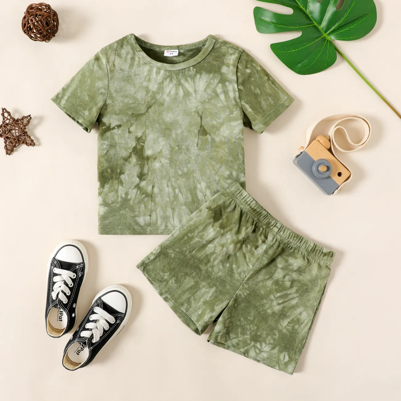 2-piece Toddler Boy 100% Cotton Tie Dyed Short-sleeve Tee and Elasticized Shorts Set Army green big image 1