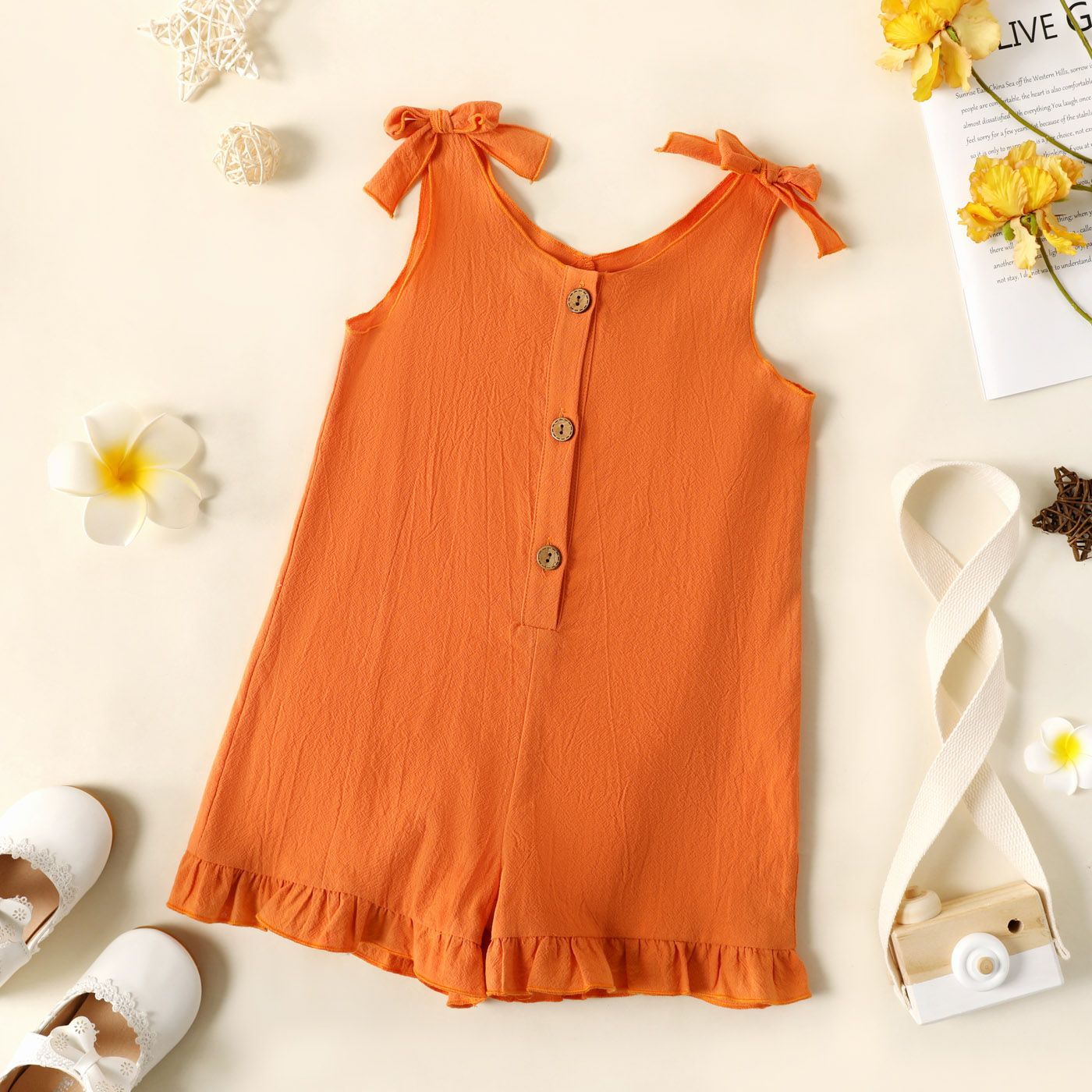 Toddler Girl Floral Print/Stripe/Orange Button Design Ruffled Cuff Bowknot Strap Romper Jumpsuit Shorts