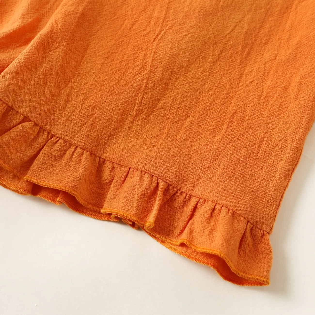 Toddler Girl Floral Print/Stripe/Orange Button Design Ruffled Cuff Bowknot Strap Romper Jumpsuit Shorts Orange big image 1