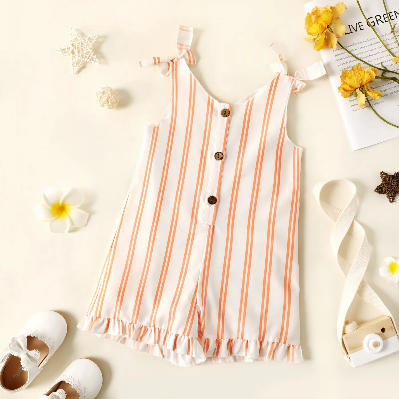 Toddler Girl Floral Print/Stripe/Orange Button Design Ruffled Cuff Bowknot Strap Romper Jumpsuit Sho