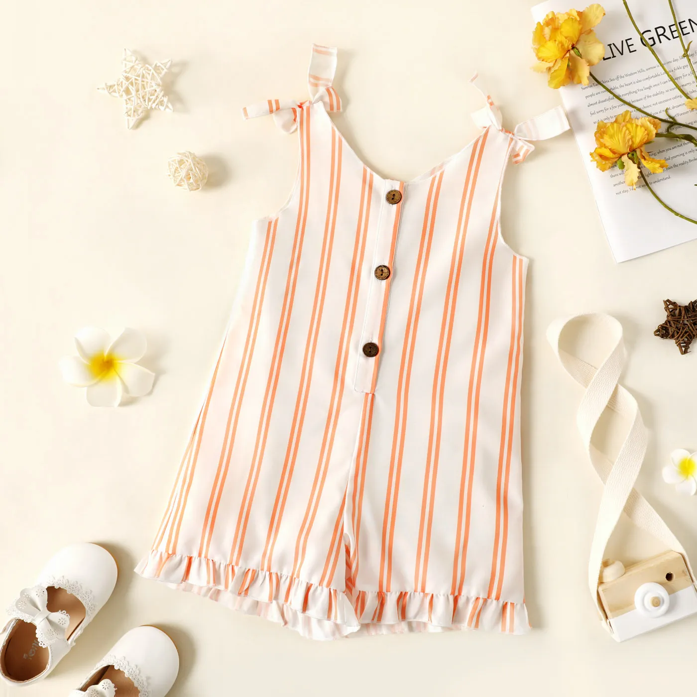 Toddler Girl Floral Print/Stripe/Orange Button Design Ruffled Cuff Bowknot Strap Romper Jumpsuit Shorts orangewhite