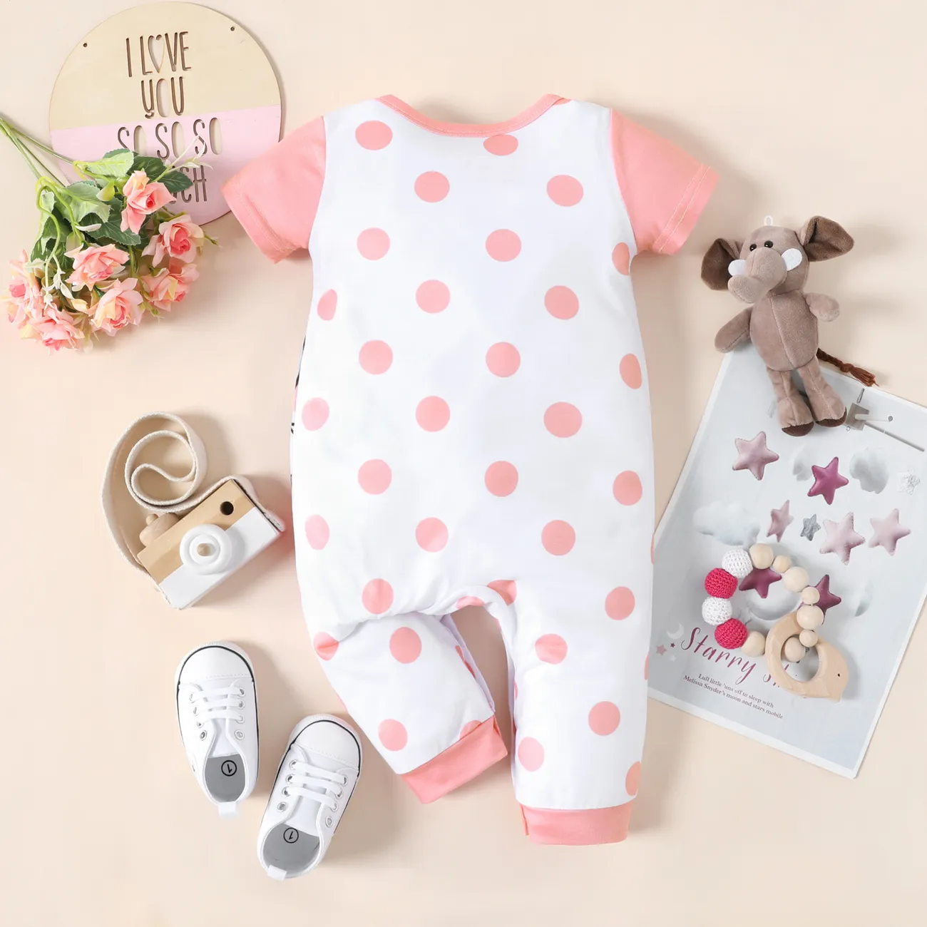嬰兒 中性 大象 休閒 短袖 長腿連身衣 粉色 big image 1