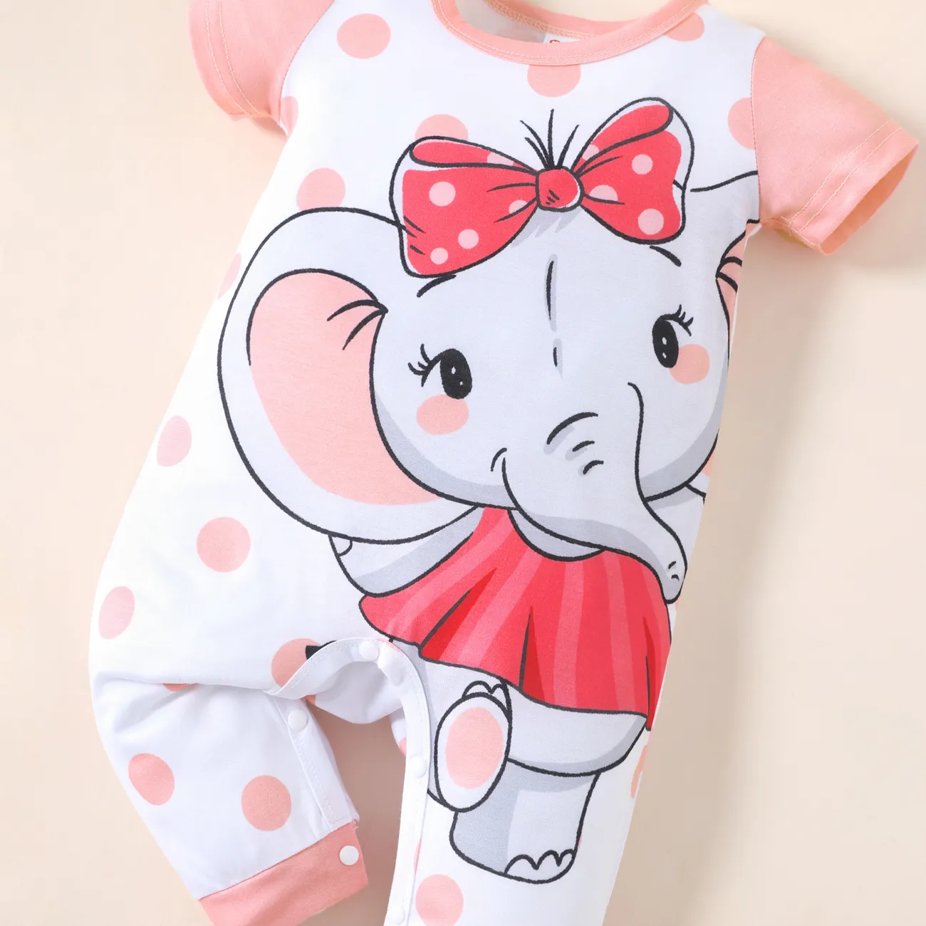 Baby Boy/Girl Cartoon Elephant Print Short-sleeve Jumpsuit Pink big image 1
