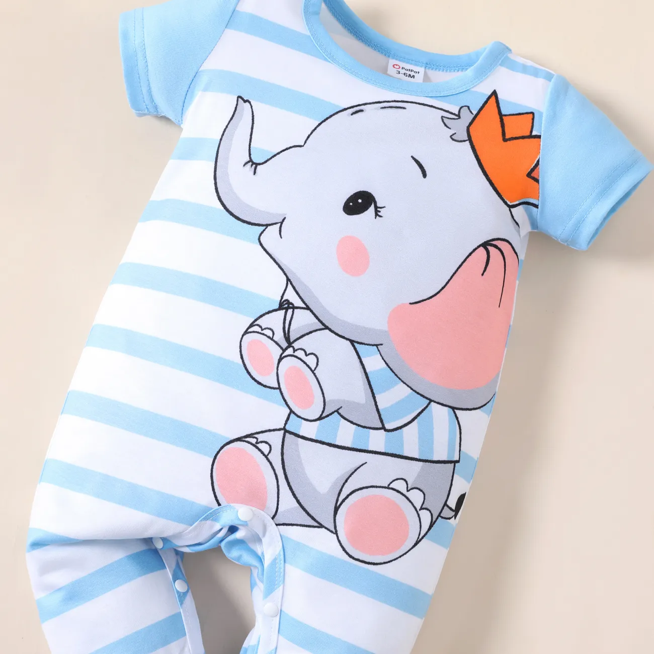Baby Boy/Girl Cartoon Elephant Print Short-sleeve Jumpsuit Light Blue big image 1